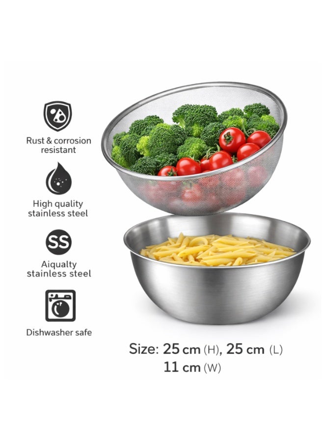 TYCOM Stainless Steel Colander Strainer Drainer with Mixing Bowl .Washing Basket Multipurpose Kitchen Tool for Draining Pasta Rinsing Vegetables Fruits etc. Set of 2 Pieces. - Image 3